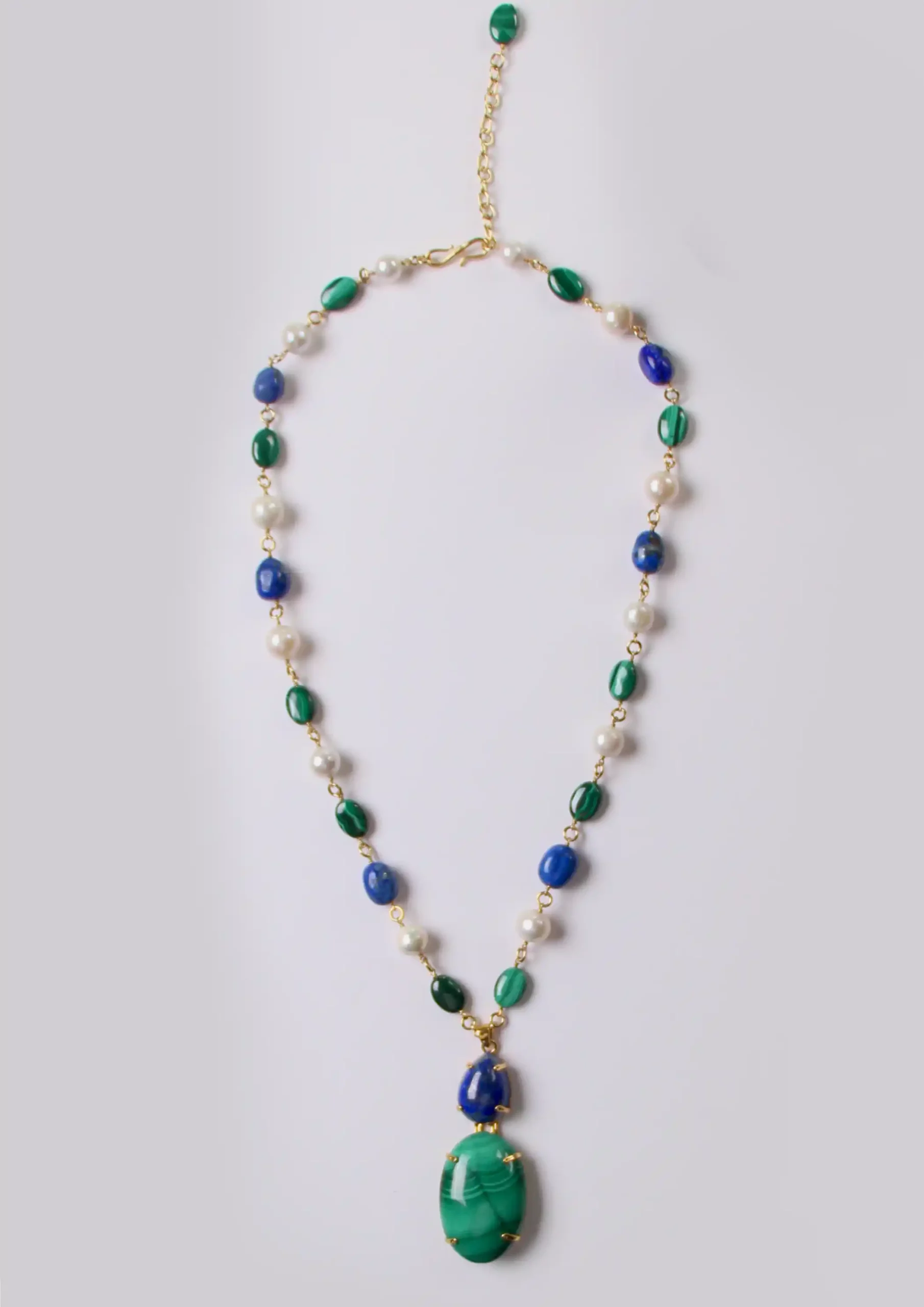 PU2-18_11zon Long necklace - one-of-a-kind piece - Lapis & Malachite - “rain of pearls” - Image 1