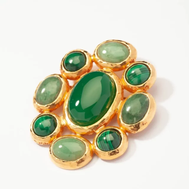 brooch with aventurine, malachite and green agate gems