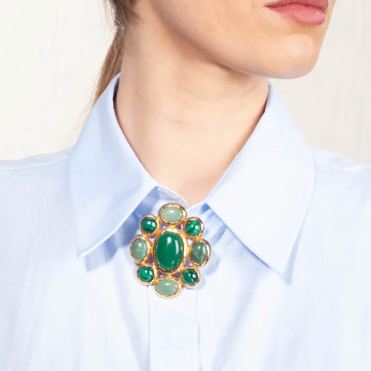 broche bijoux fantaisie aventurine, malachite et agate verte gems porté